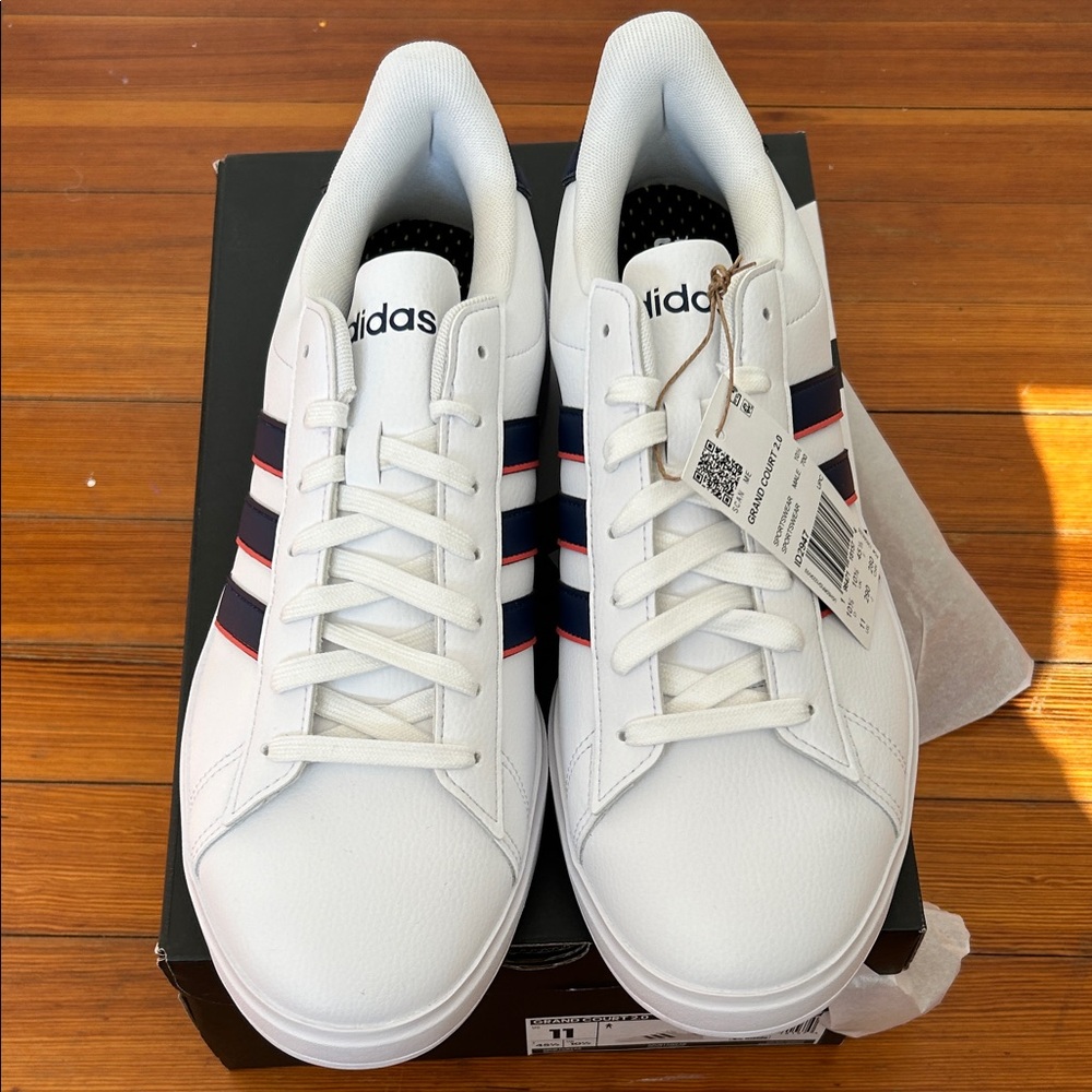NWT Adidas Men's Grand Court 2.0 White Sneakers with Navy and Red Accents
